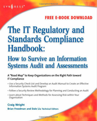 <h4>The IT Regulatory and Standards Compliance Handbook</h4><p>by Craig S. Wright</p>
<strong>Product details</strong><br>
Paperback: 750 pages<br>
Publisher: Syngress; 1st edition (July 4, 2008)<br>
Language: English<br>
ISBN-10: 1597492663<br>
ISBN-13: 978-1597492669<br>
Product Dimensions: 7.5 x 1.7 x 9.2 inches<br>
Shipping Weight: 2.8 pounds<br>
<a href="https://www.amazon.com/Regulatory-Standards-Compliance-Handbook-Information/dp/1597492663" target="_blank">Amazon link </a>