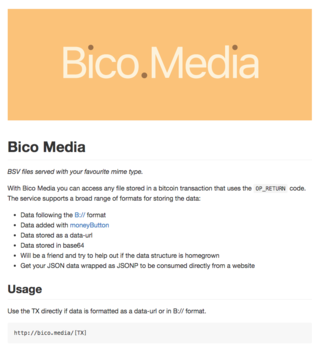<p>Bico.Media is an easy way to accessing files stored in a bitcoin sv transaction.</p>
<p><a href="https://bico.media" target="_blank">bico.media</a></p>