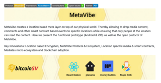 <h2>MetaVibe, <br />a Bitcoin SV based hyperlocality app.</h2>
<p>Created by <a href="https://twitter.com/Rob_GCC/status/1125735995348013056" target="_blank">The Cambridge Metanet Society</a> for the BSV hackathon on May 7, 2019</p>
<p>Source:<br /><a href="https://github.com/Kohze/Metavibe">https://github.com/Kohze/Metavibe</a></p>