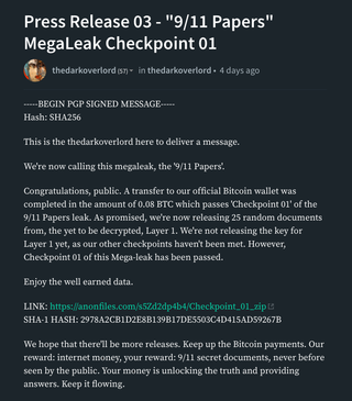<h2>Press Release 03 - "9/11 Papers" MegaLeak Checkpoint 01</h2>
<p>Published by thedarkoverlord&nbsp; on 3 Jan 2019&nbsp;</p>

<p>Source:<br /><a href="https://steemit.com/thedarkoverlord/@thedarkoverlord/press-release-03-9-11-papers-megaleak-checkpoint-01" target="_blank">steemit.com/@thedarkoverlord</a></p>
