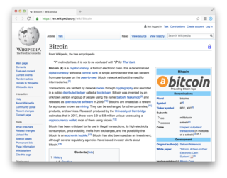 <p><a href="https://en.wikipedia.org/wiki/Bitcoin" target="_blank">&rarr; wikipedia.org/wiki/Bitcoin</a>  </p>