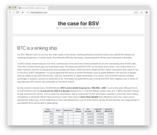 <h2>the case for BSV</h2>
<p>why it's a good idea to buy into 'Bitcoin Satoshi Vision'</p>
<p>Published by <a href="https://twitter.com/philipp_elhaus" target="_blank">Philipp Elhaus</a> in 2019</p>
<p>Source:&nbsp;<a href="http://thecaseforbsv.com/" target="_blank">http://thecaseforbsv.com/</a></p>